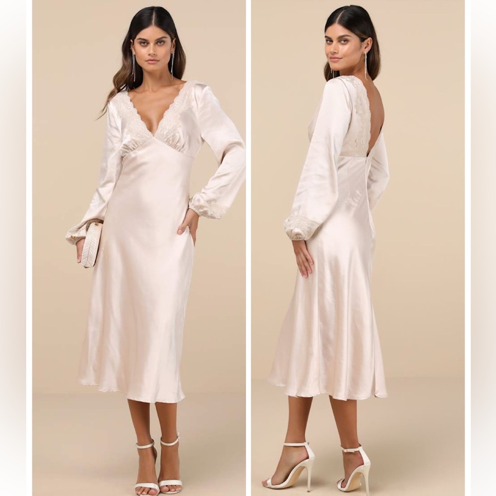 Lulus Illustrious Elegance Champagne Satin Long Sleeve Midi Dress Size Small NWT